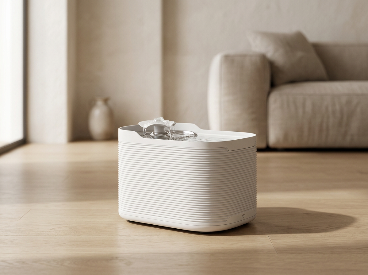 Minimal white automatic pet fountain with stainless steel rim in a sunlit modern home
